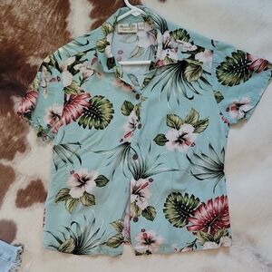 Tropical Floral Button-Up Shirt - Light Aqua